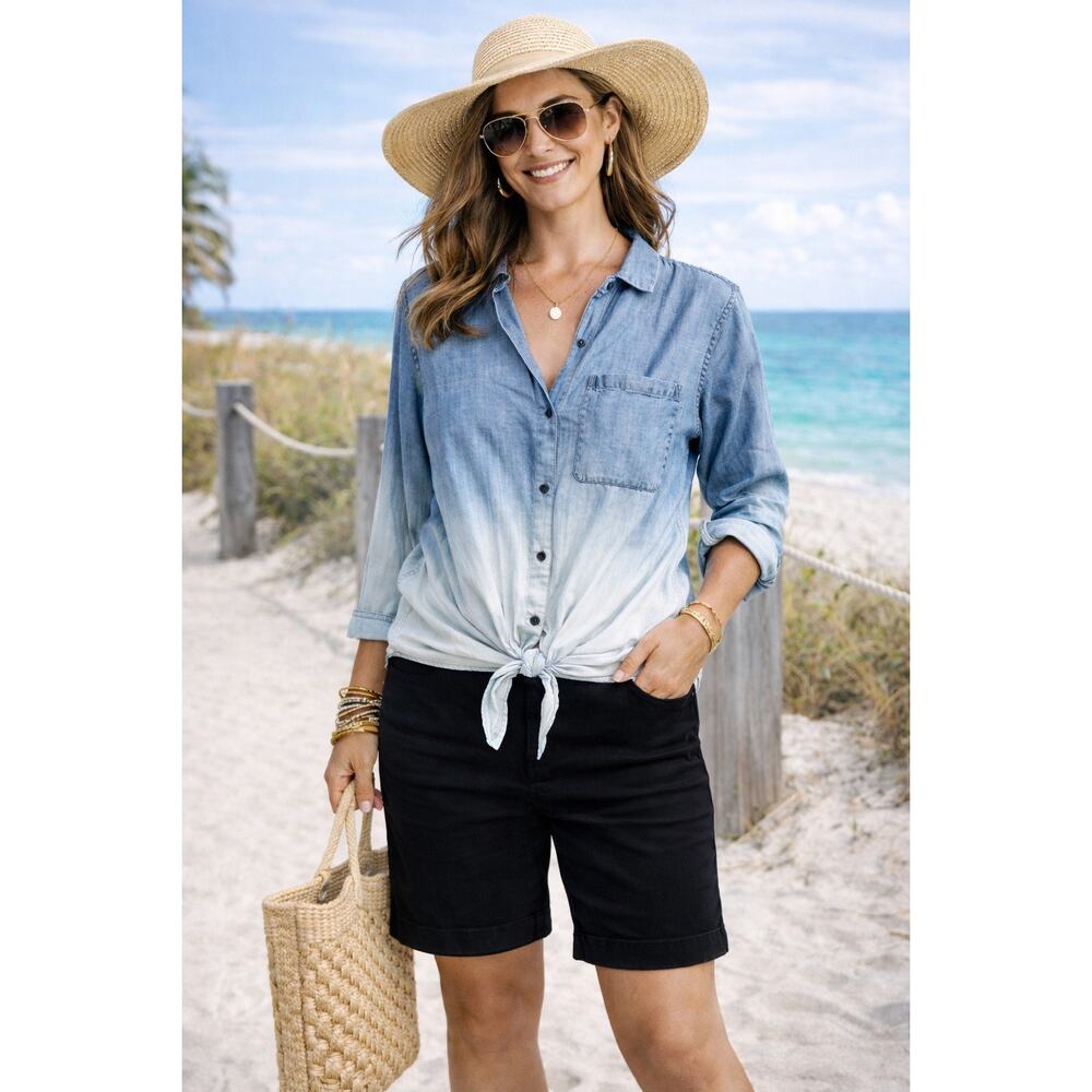 ANTHROPOLOGIE Current Air Ombre chambray tie front button up shirt size xs
